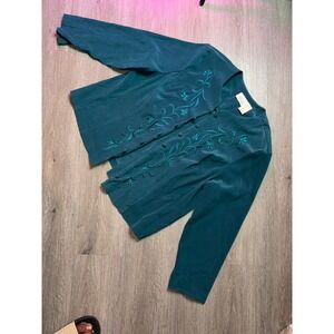 Halmode Plus Teal Floral Embroidered Button Front Jacket Top Size 24W 036410